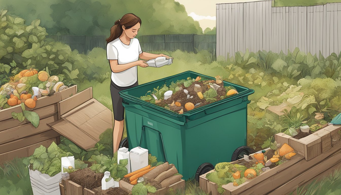 A person placing a soy milk carton into a compost bin surrounded by food scraps and yard waste