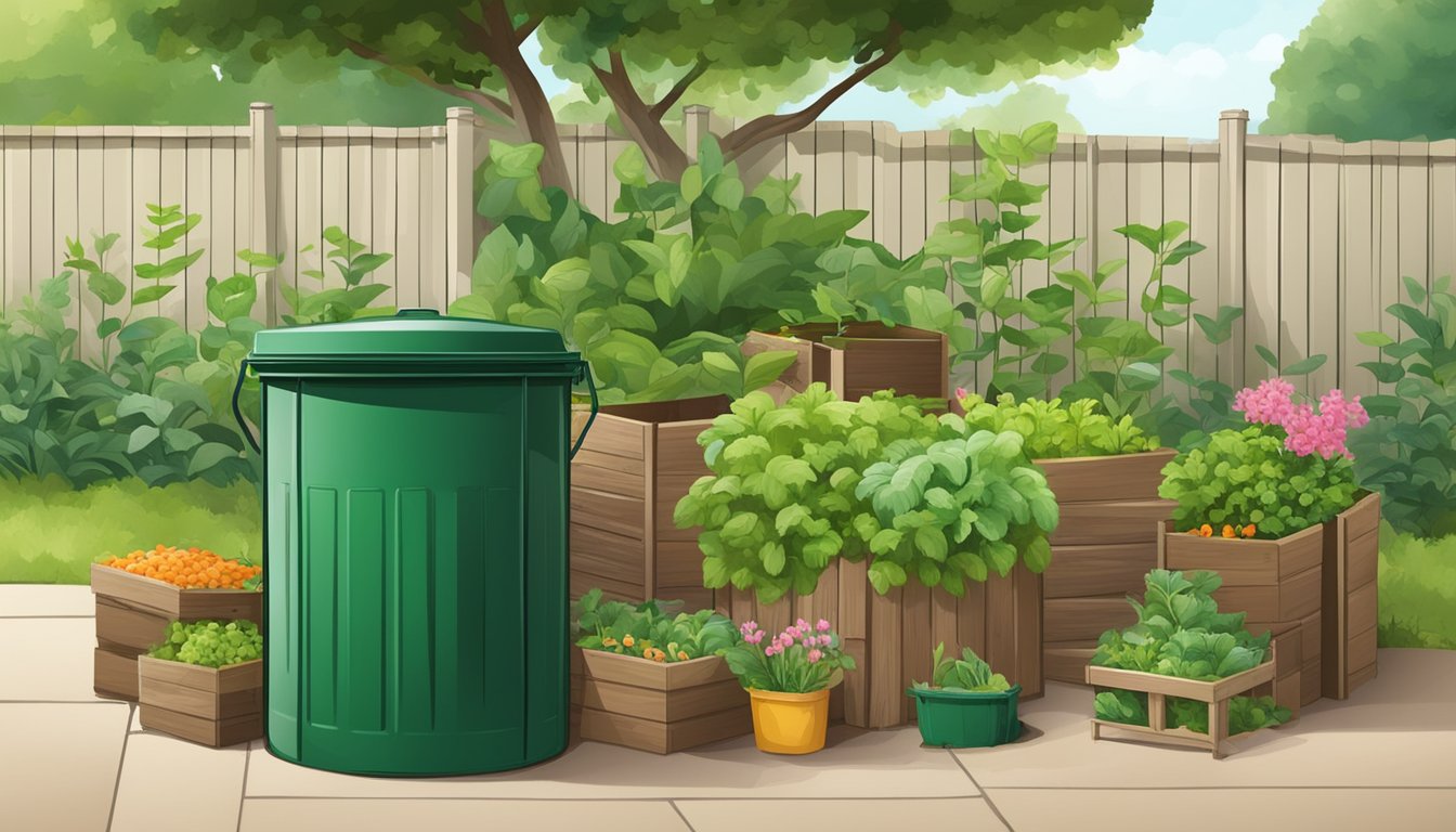 A backyard compost bin with various organic waste, including soy milk cartons, surrounded by greenery and a small garden