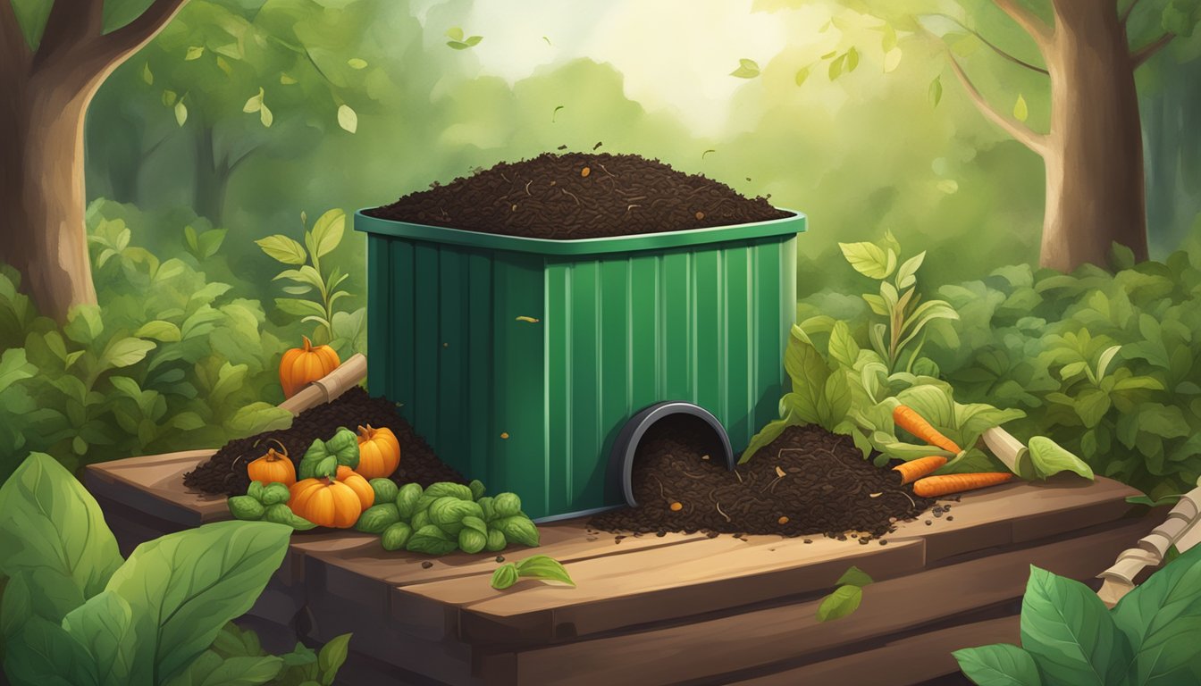 A compost bin with a mix of tea leaves, vegetable scraps, and soil, surrounded by natural elements like leaves and twigs