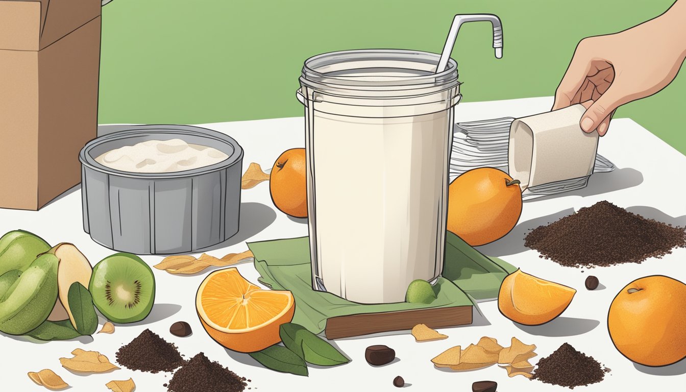 A soy milk carton being placed in a compost bin surrounded by other compostable items such as fruit peels and coffee grounds