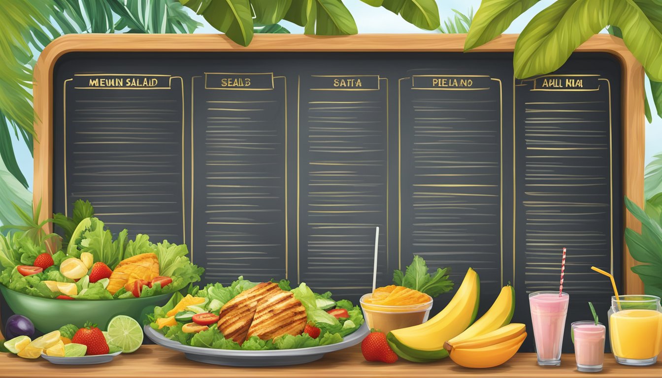 A colorful menu board featuring fresh salads, grilled chicken, and tropical fruit smoothies