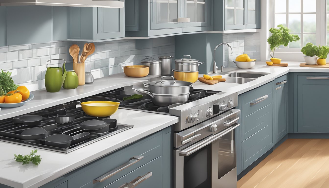 A modern kitchen with a variety of healthy cookware, including pots, pans, and utensils neatly organized on a sleek countertop