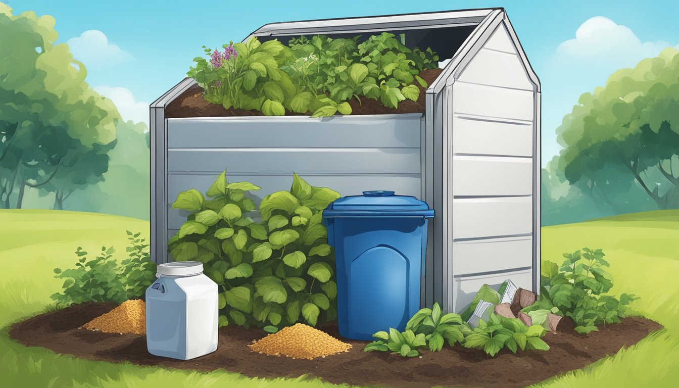 An outdoor compost bin with various organic waste, including soy milk cartons, surrounded by greenery and a clear blue sky