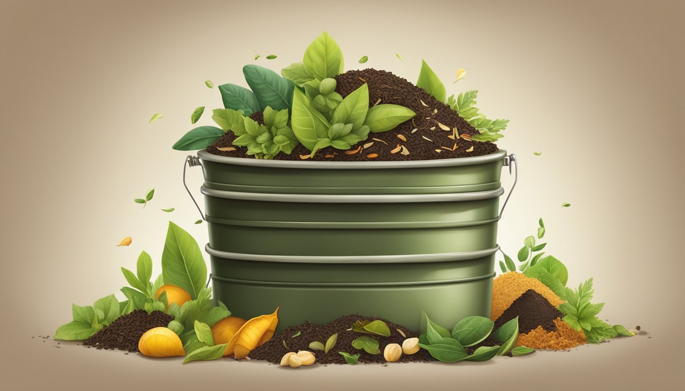 A compost bin with a mix of green and brown ingredients, including tea leaves, arranged in a balanced and layered manner