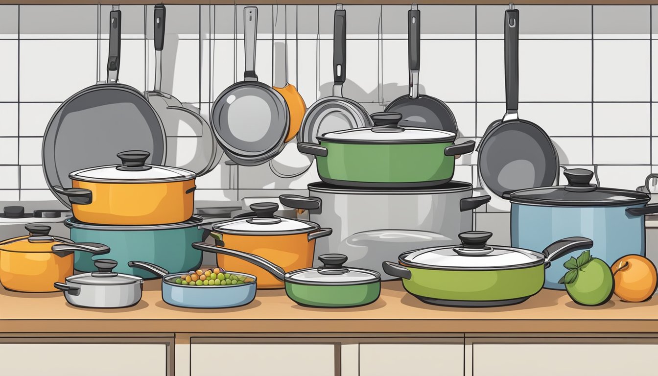 A variety of healthy cookware items arranged on a kitchen counter, including ceramic pots and pans, stainless steel utensils, and glass storage containers