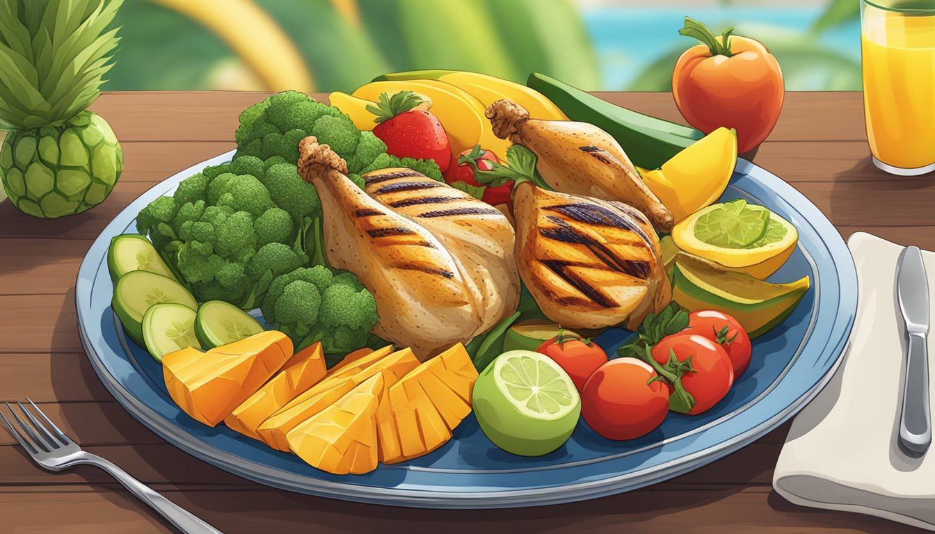 A colorful array of fresh vegetables, grilled chicken, and tropical fruits displayed on a vibrant plate