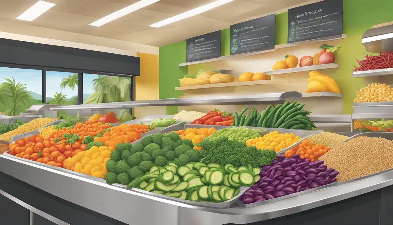 A colorful array of fresh vegetables and grains displayed on a clean, modern serving counter at Pollo Tropical