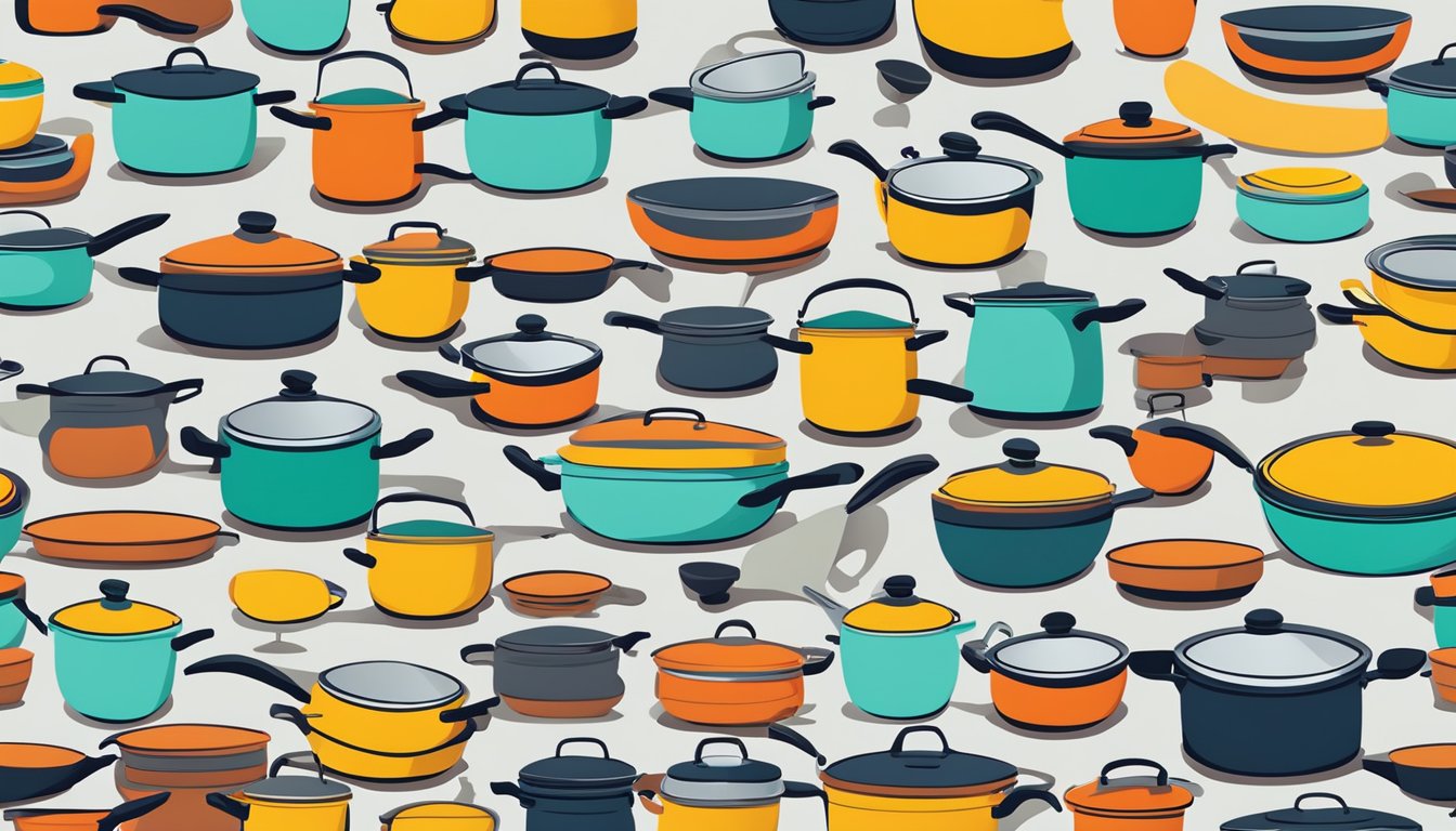 A colorful array of modern cookware, including pots, pans, and utensils, is neatly arranged on a sleek kitchen countertop