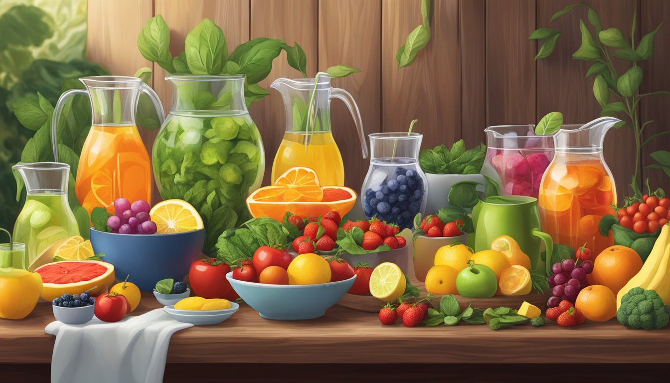 A colorful array of fresh fruits and vegetables displayed on a wooden table, surrounded by pitchers of infused water and iced herbal teas