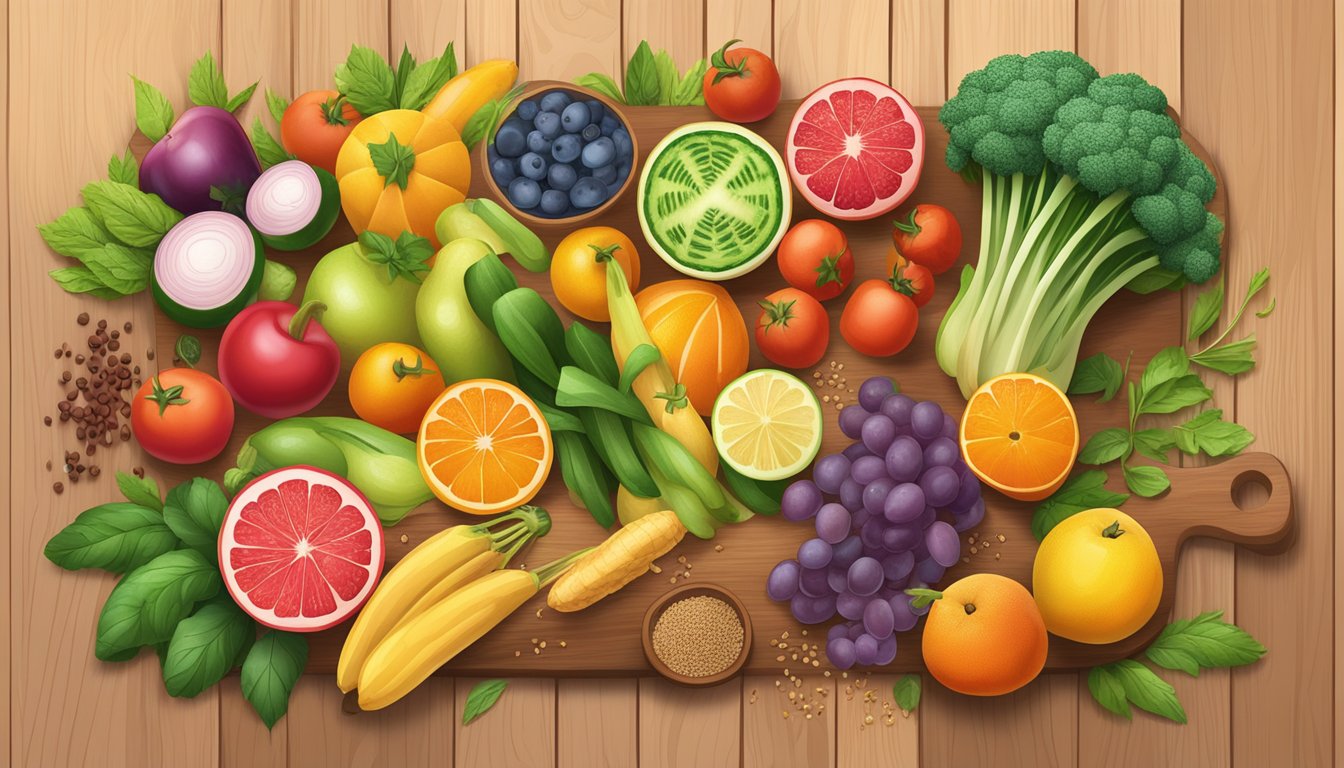 A vibrant array of fresh fruits, vegetables, and whole grains arranged on a wooden cutting board, surrounded by colorful herbs and spices