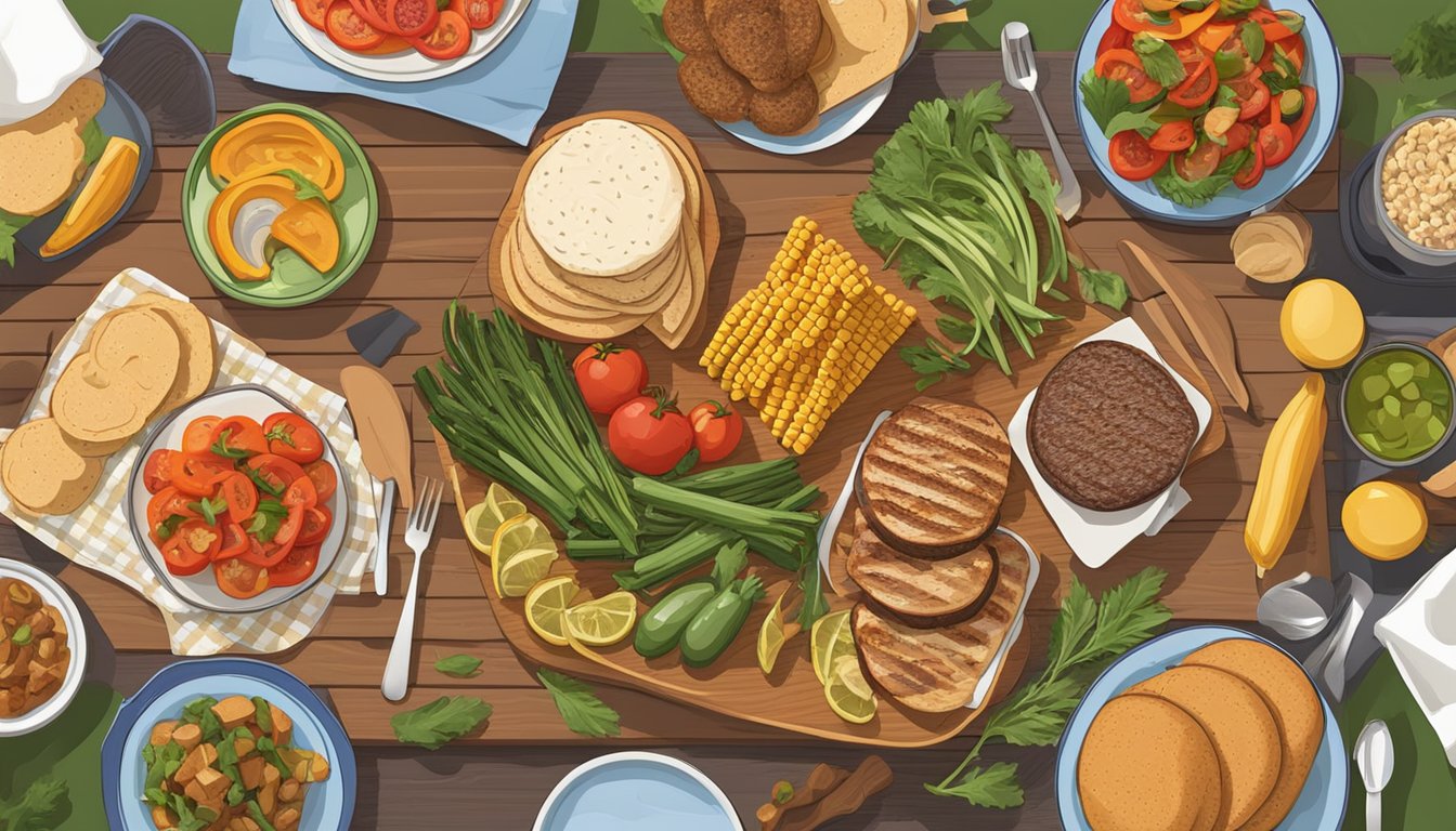 A colorful spread of grilled vegetables, lean meats, and whole grain buns arranged on a picnic table, with portion control plates and utensils nearby