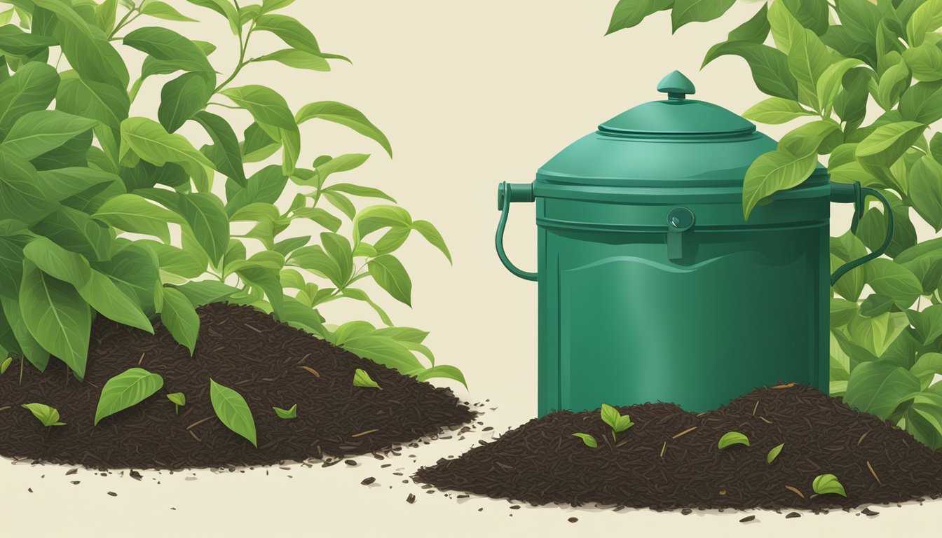 Tea leaves and compost bin surrounded by greenery