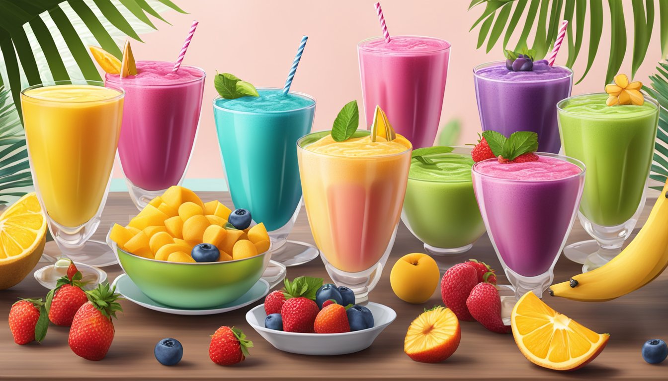 A colorful array of fresh fruit smoothies and vibrant dessert bowls displayed on a tropical-themed table