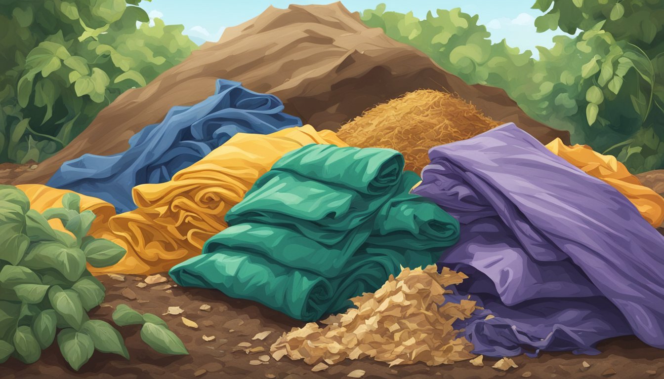 A pile of silk fabric sits next to other textiles on a compost pile. The silk is breaking down while the other textiles remain intact