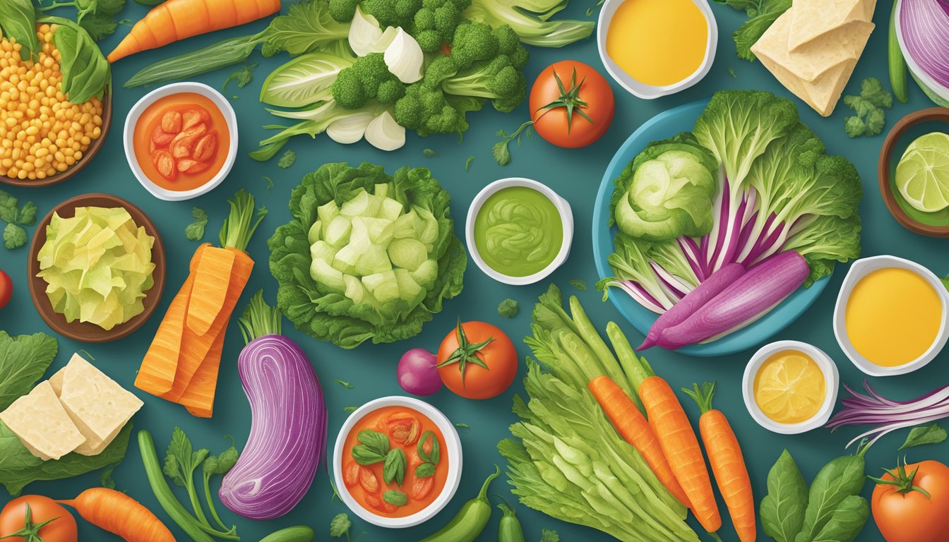 A vibrant array of fresh vegetables and lean proteins displayed on a colorful menu board at Pollo Tropical