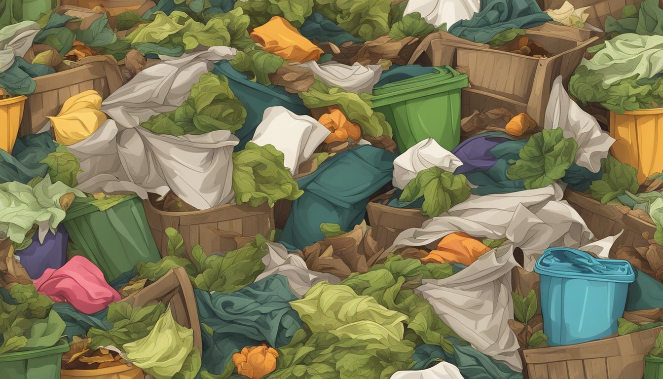 A pile of silk fabric and scraps surrounded by organic waste in a compost bin