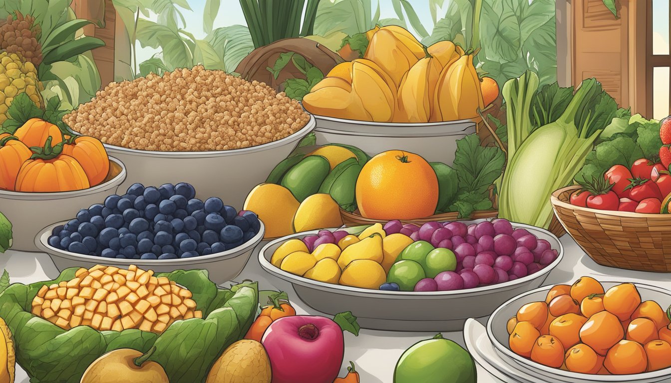 A colorful array of fresh fruits and vegetables displayed alongside a variety of lean proteins and whole grains at a Pollo Tropical restaurant