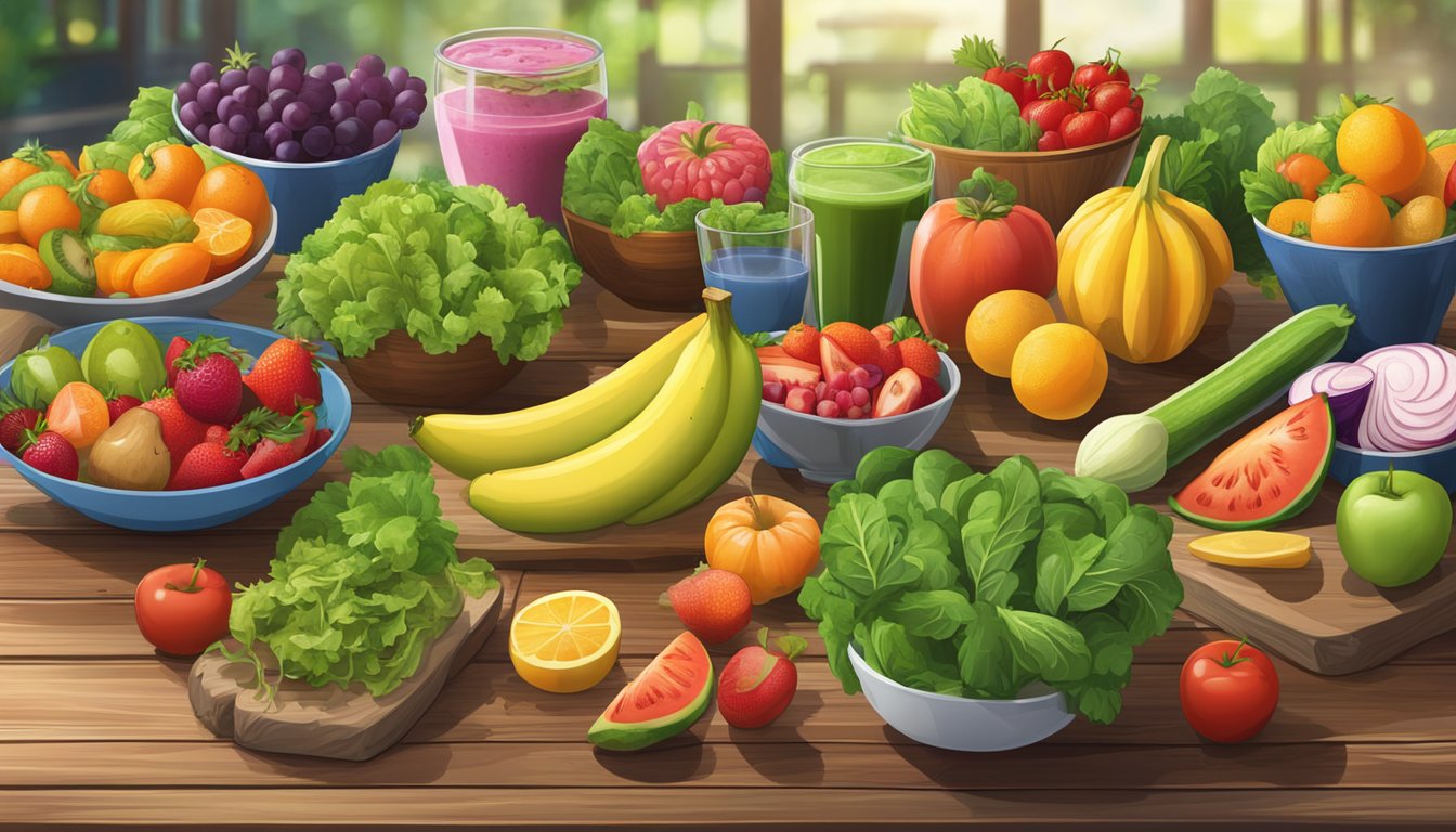 A colorful array of fresh fruits and vegetables arranged on a rustic wooden table, with a variety of salads and smoothies displayed in the background