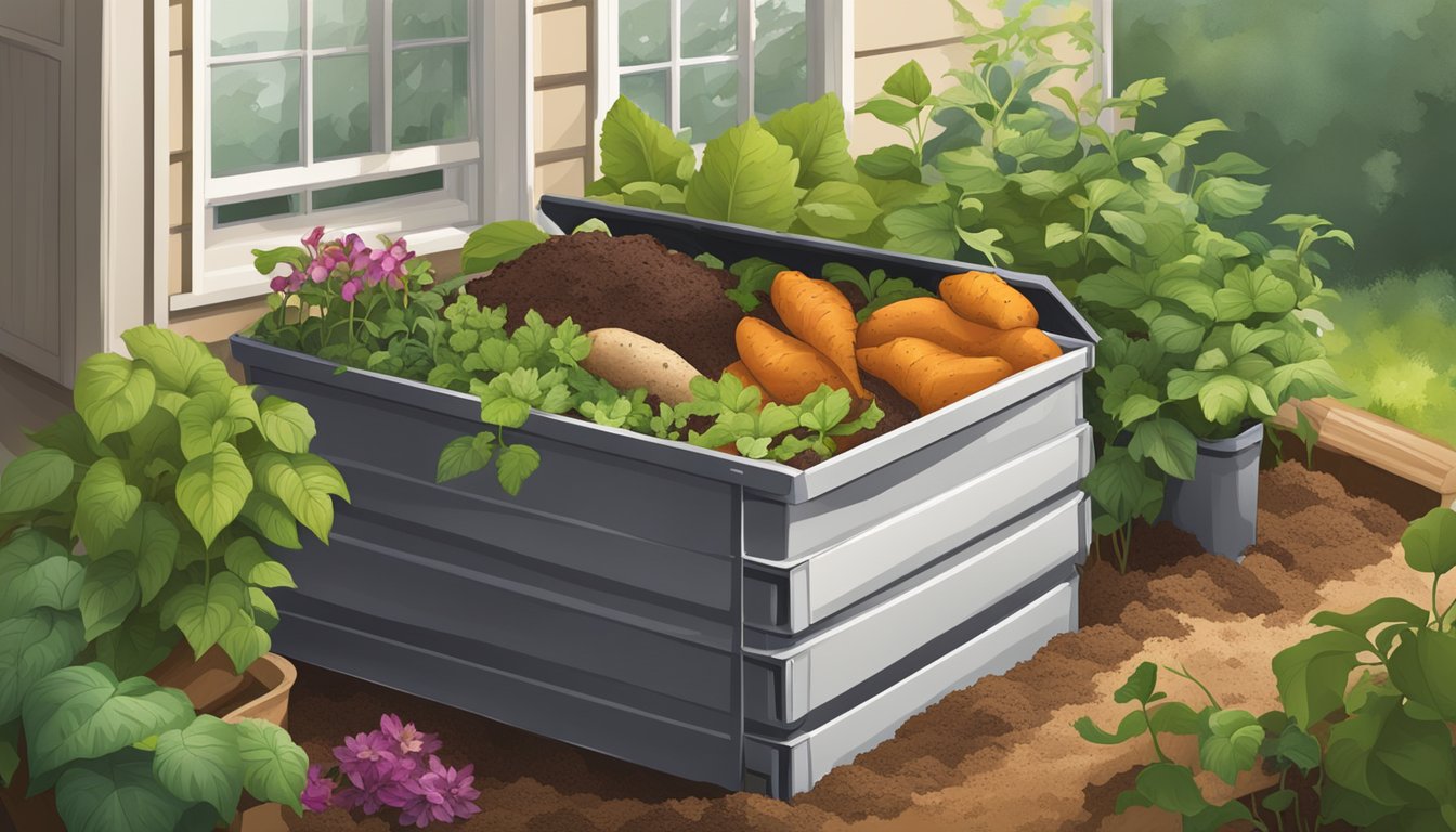 A compost bin filled with kitchen scraps, including sweet potato skins, surrounded by flourishing plants and rich soil