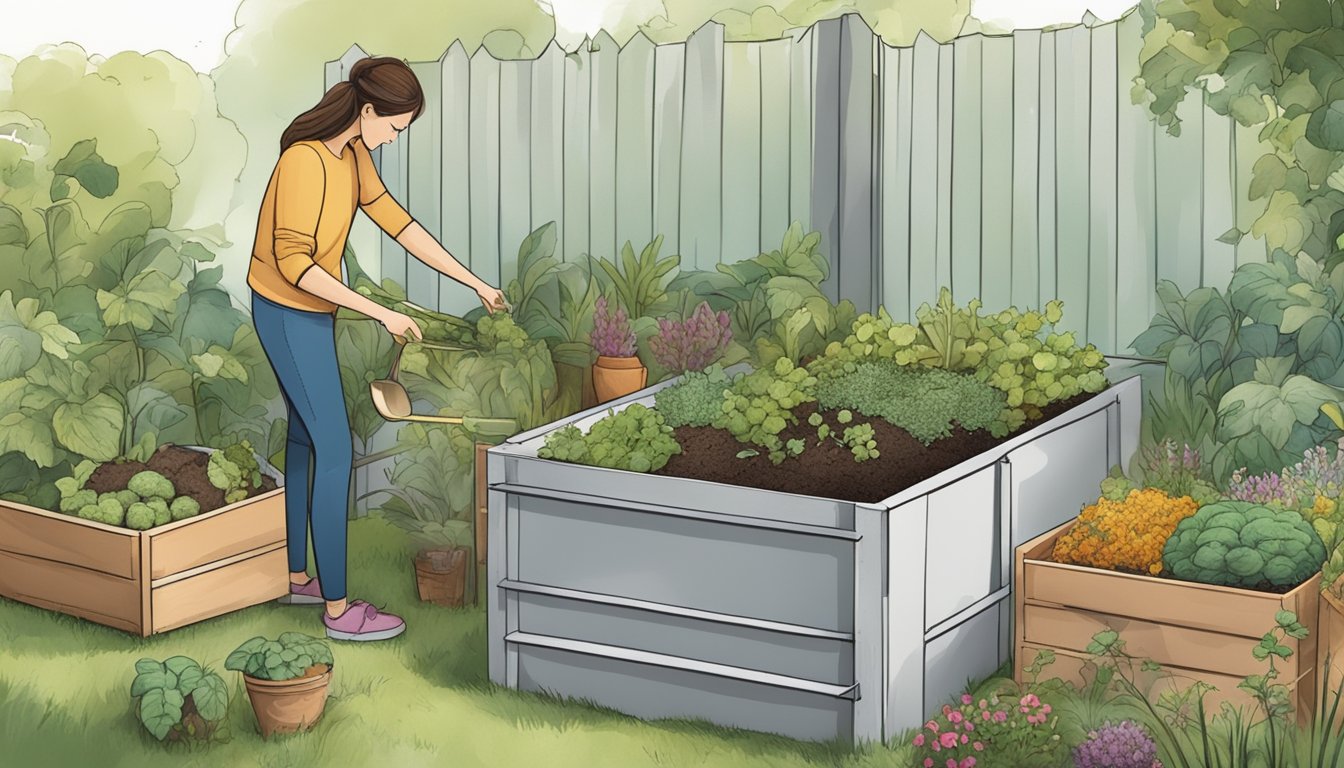 A person placing silk fabric into a compost bin, surrounded by various organic materials and a small garden