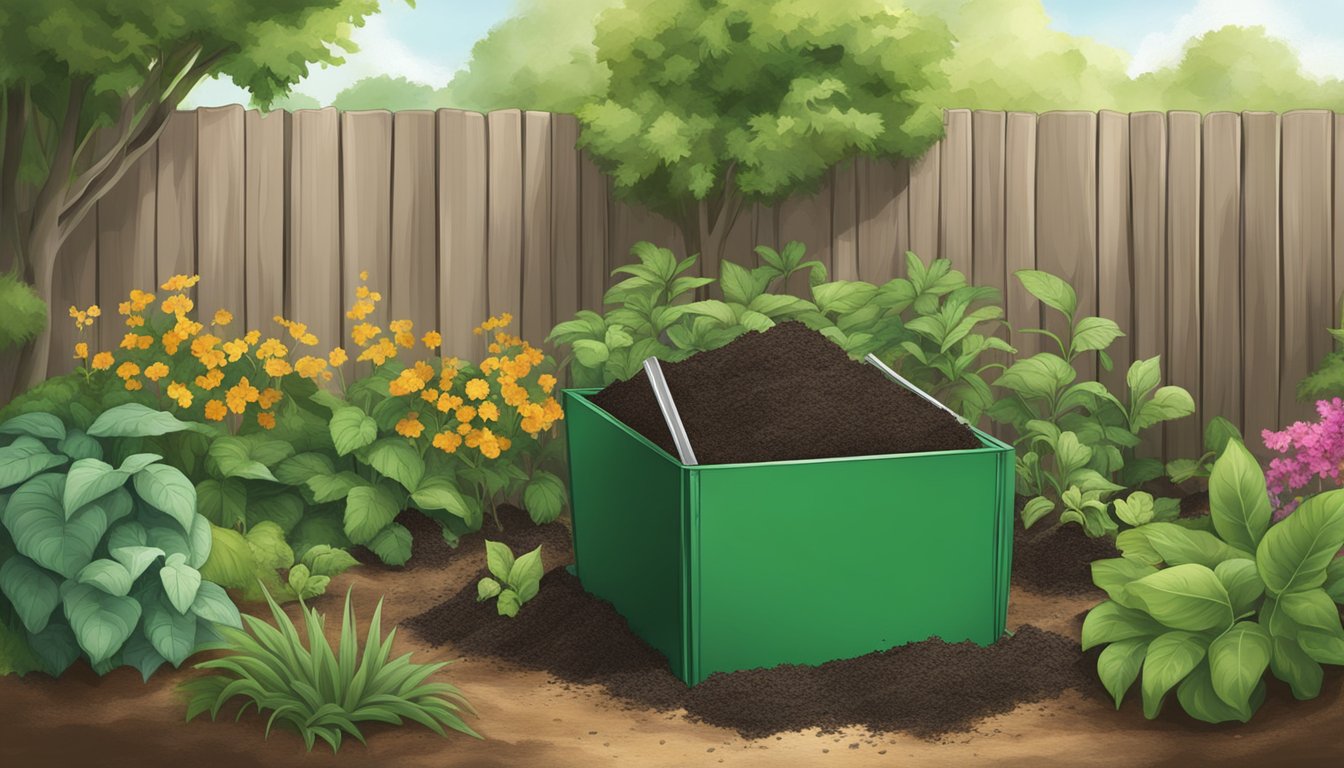 A compost bin with silk fabric breaking down into organic matter, surrounded by thriving plants