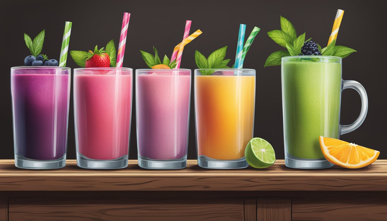 A colorful array of fresh fruit smoothies, herbal teas, and infused waters displayed on a rustic wooden table at Yard House