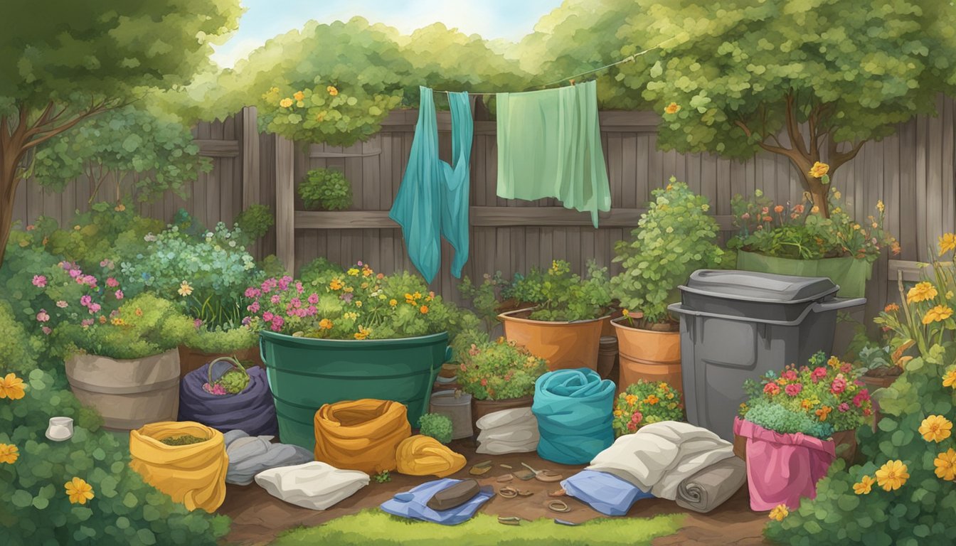 A garden with a compost pile and various items made of old silk, such as scarves and clothing, being repurposed for non-composting uses