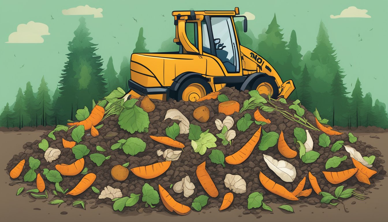 A compost pile with a variety of organic waste, including sweet potato skins, surrounded by a "no" symbol to indicate what to avoid