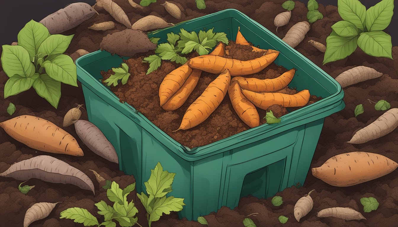 A pile of sweet potato skins and other organic waste decomposing in a compost bin, surrounded by earthworms and other beneficial organisms