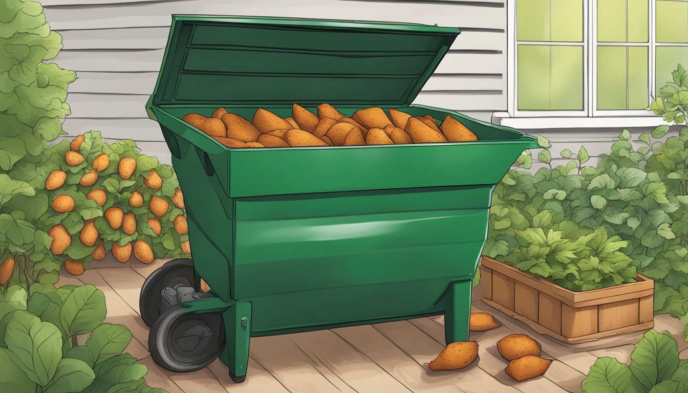 Sweet potato skins being added to a compost bin in a lush garden setting