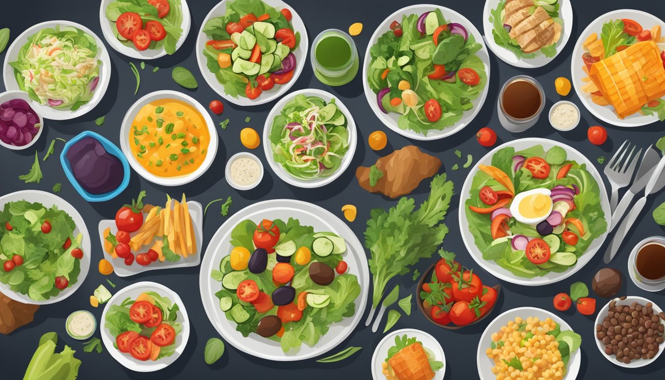 A table set with a variety of colorful, fresh, and nutritious food options, including salads, grilled vegetables, and lean proteins, displayed in an appetizing manner