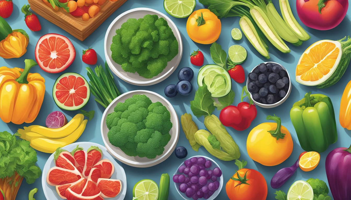 A colorful array of fresh vegetables and fruits arranged on a table, alongside a variety of low-sodium and low-sugar options from the TGI Fridays menu