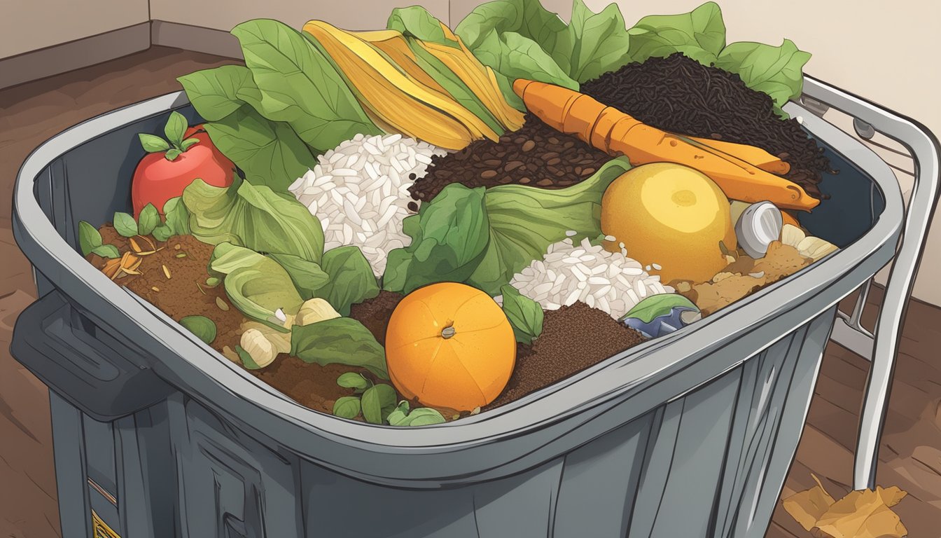 A pile of kitchen scraps, including rice, fruit peels, and coffee grounds, sits in a compost bin. Microorganisms break down the organic matter, creating nutrient-rich soil