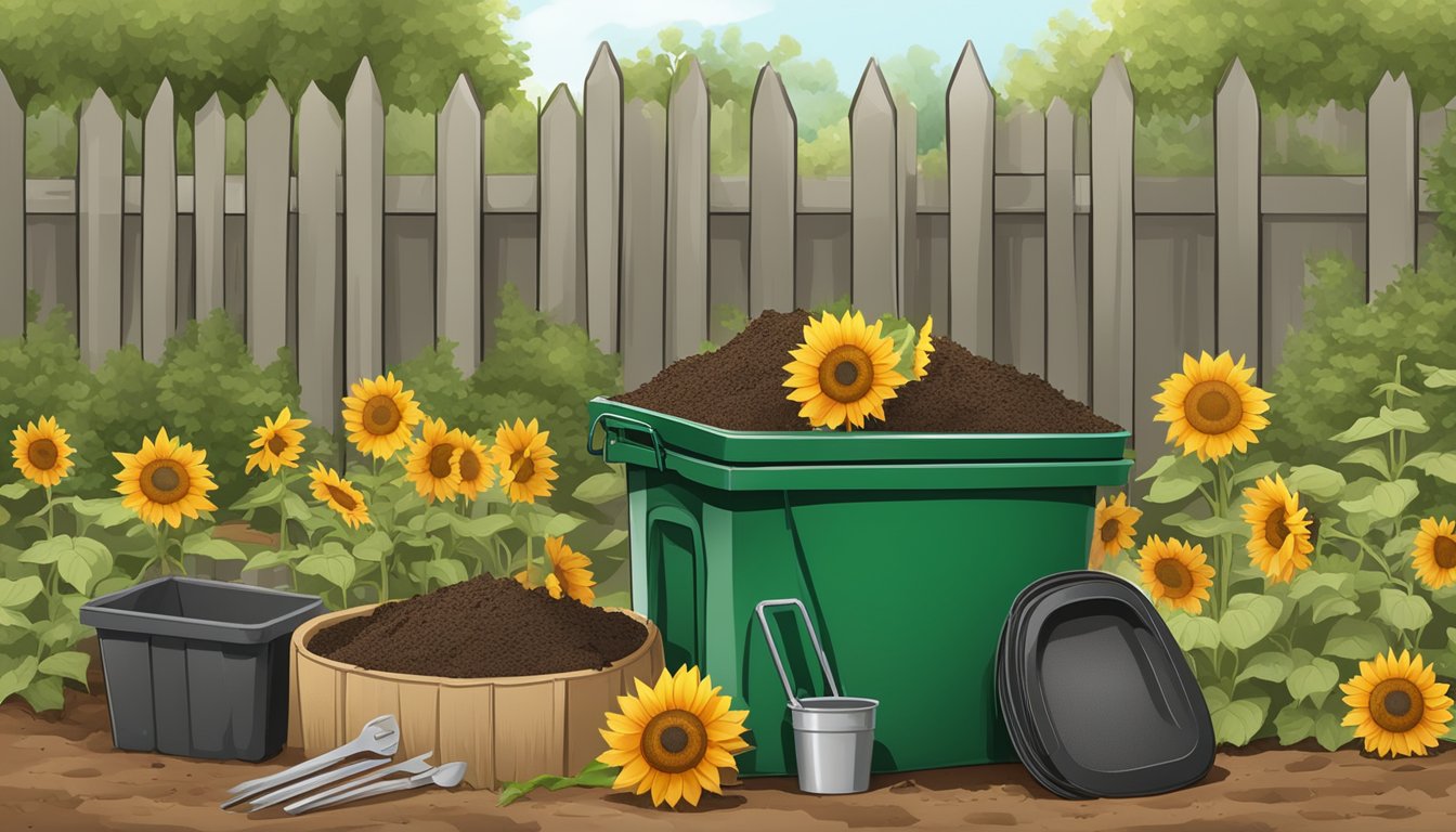 Sunflower stalks piled in a compost bin, surrounded by garden tools and a bag of compost material