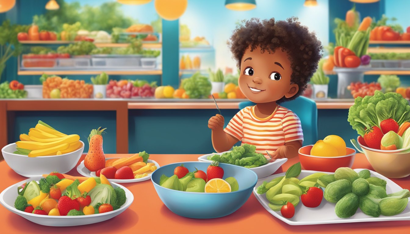 A child choosing a colorful plate of fresh fruits and vegetables over unhealthy fast food options at TGI Fridays