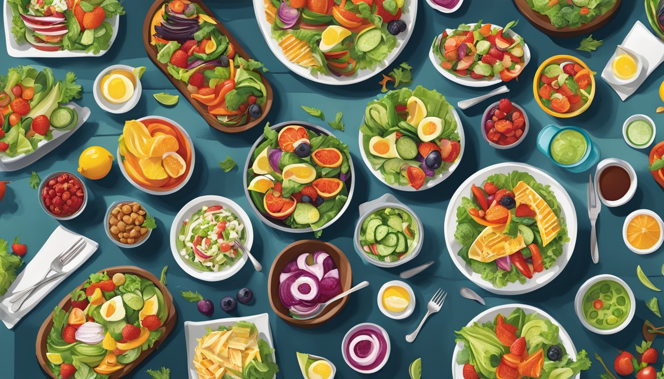 A vibrant table setting at TGI Fridays with a colorful array of fresh, healthy food options, including salads, grilled vegetables, and fruit platters