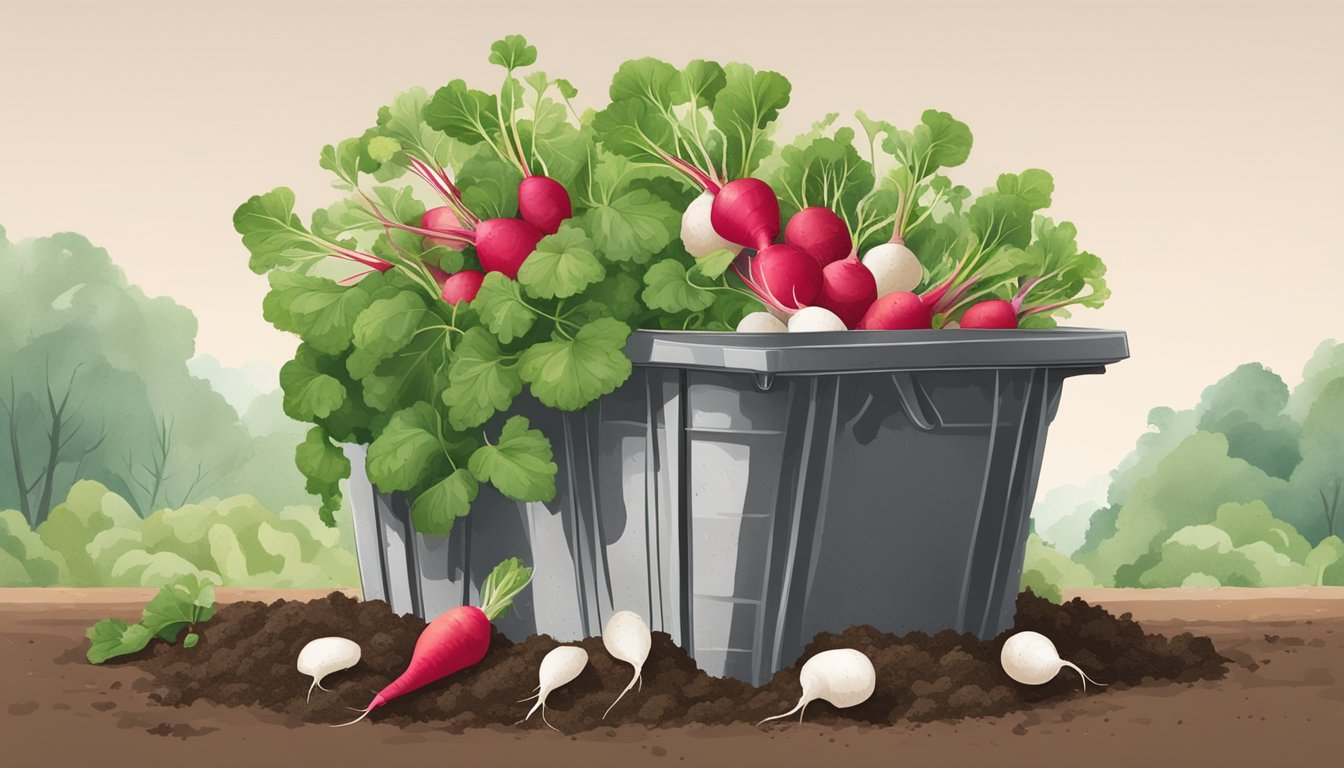 Radish tops and scraps arranged in a compost bin, surrounded by soil and other organic waste