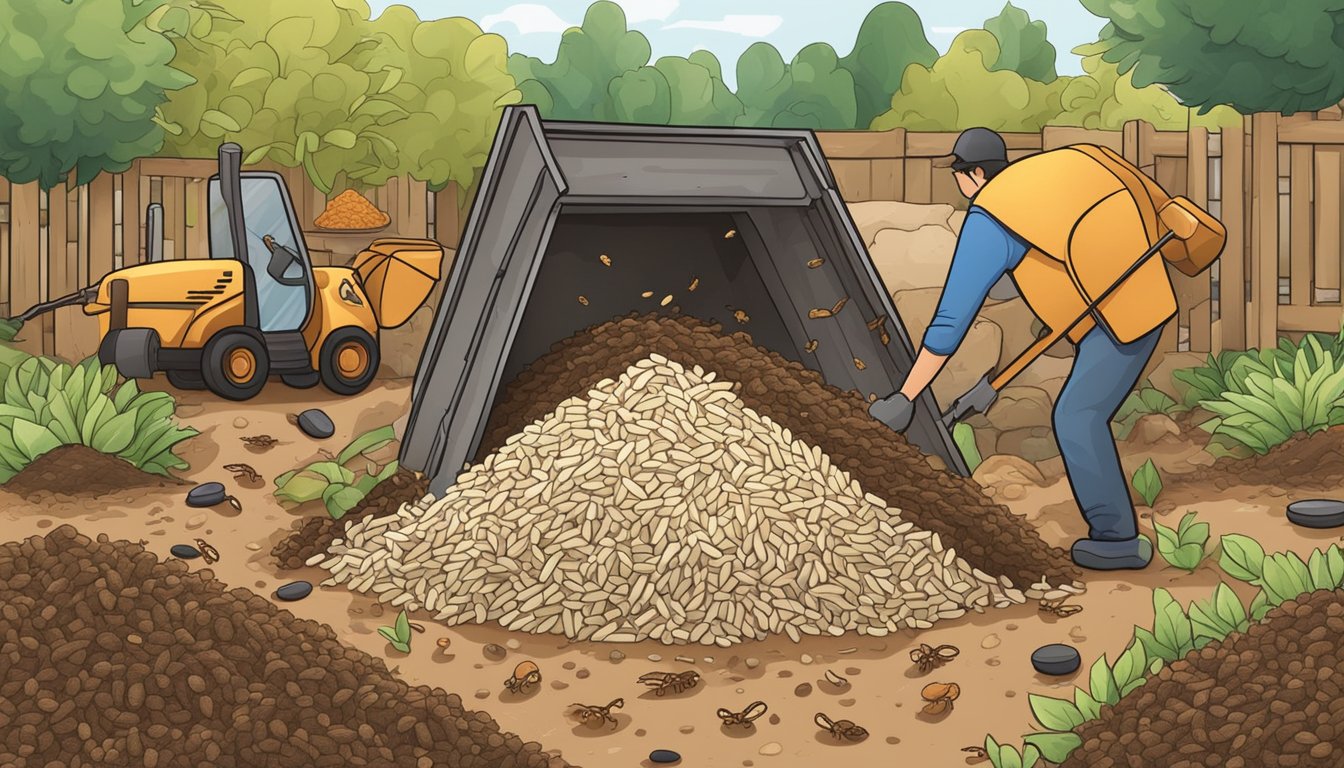 Rice grains being added to a compost pile, surrounded by various organic materials and earthworms