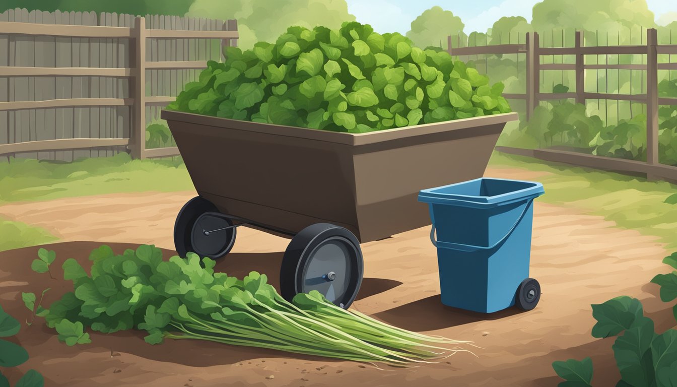 A pile of radish tops and other organic materials being turned into compost in a backyard bin