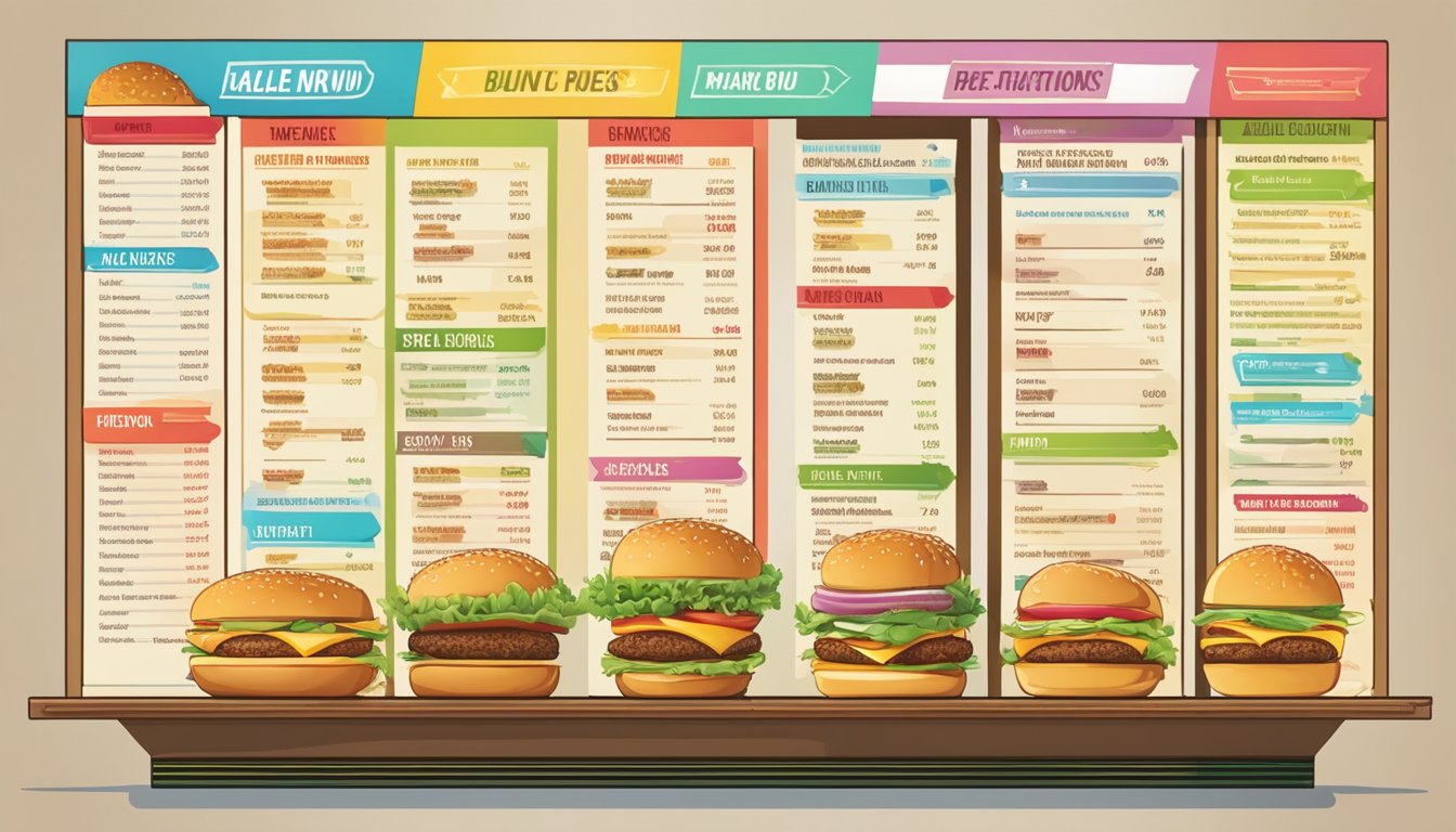 A colorful menu board featuring a variety of burger and shake options, with a section highlighting healthier choices