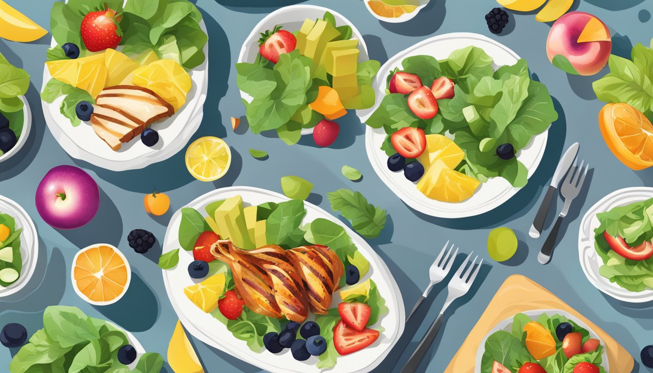 A colorful salad, grilled chicken, and fresh fruit on a table