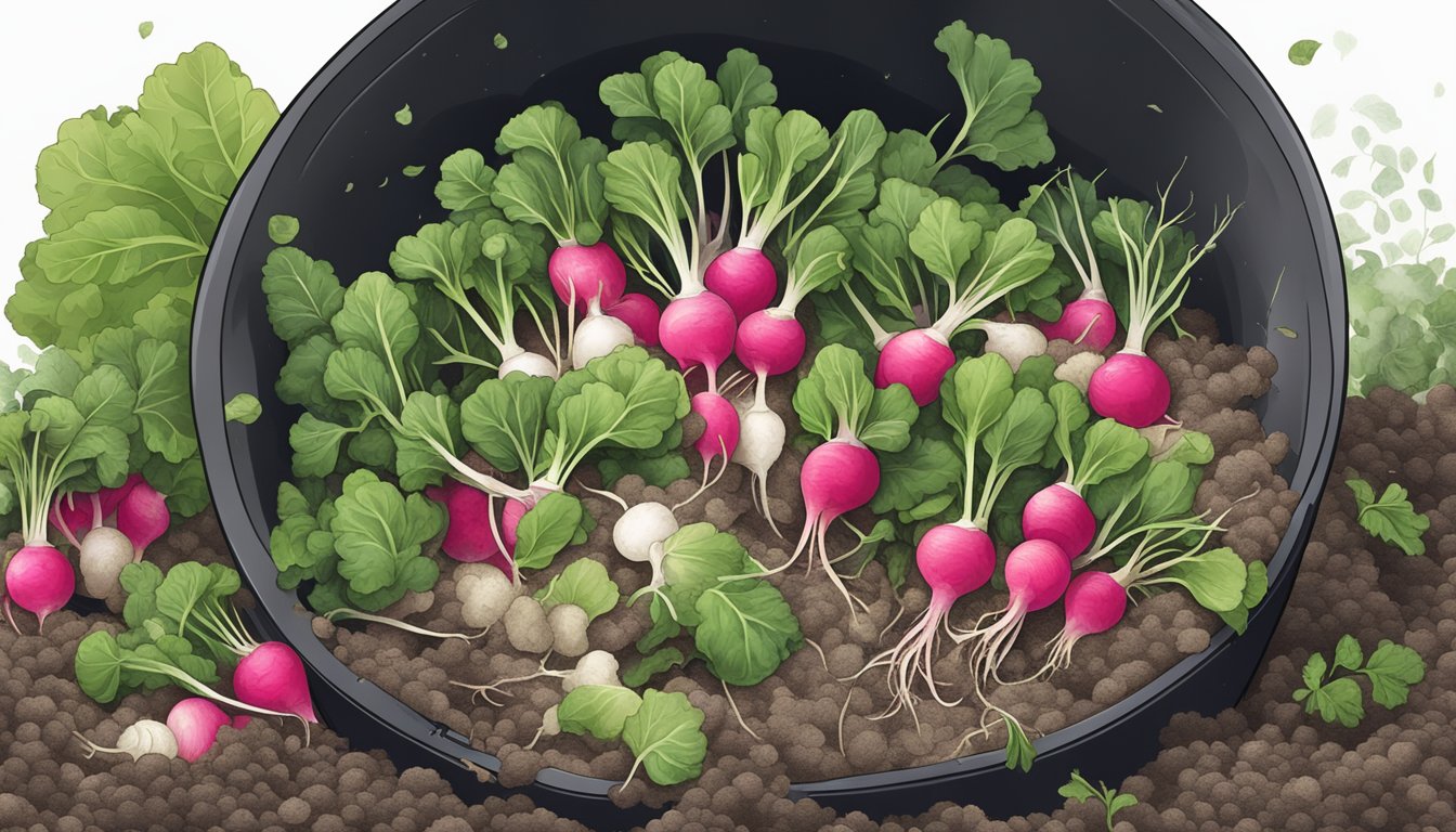 A pile of radish tops and other organic waste in a compost bin, with steam rising from the decomposing material