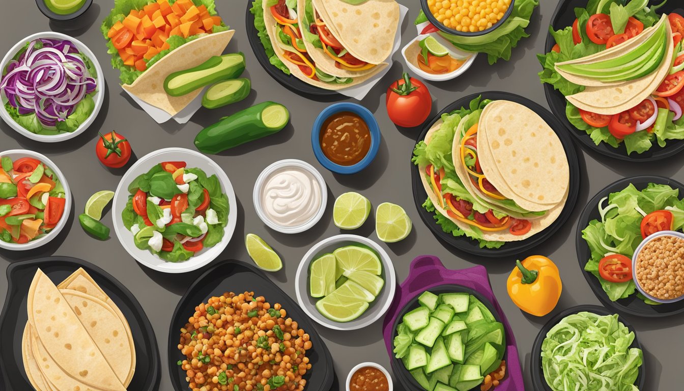 A colorful array of fresh vegetables and lean proteins displayed next to whole grain tortillas and salads at Taco Bueno