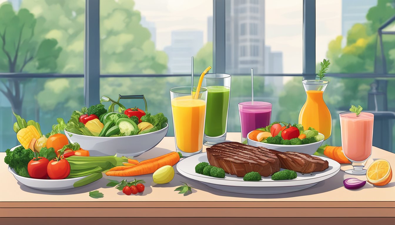 A colorful array of fresh vegetables, lean cuts of grilled steak, and vibrant smoothies displayed on a clean, modern table