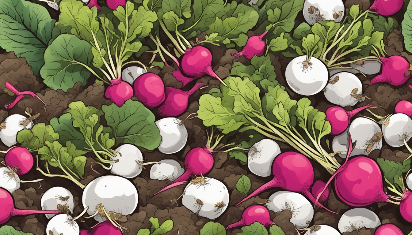 A pile of radish tops sits on a compost heap, surrounded by other organic waste. The tops are beginning to break down, with small insects and microorganisms visible