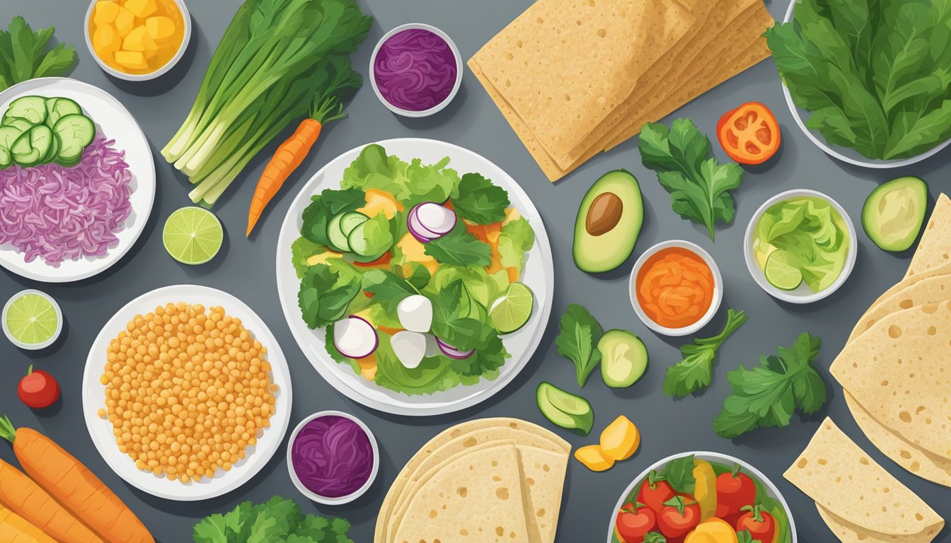 A colorful array of fresh vegetables, lean proteins, and whole grain tortillas arranged on a clean, modern table setting