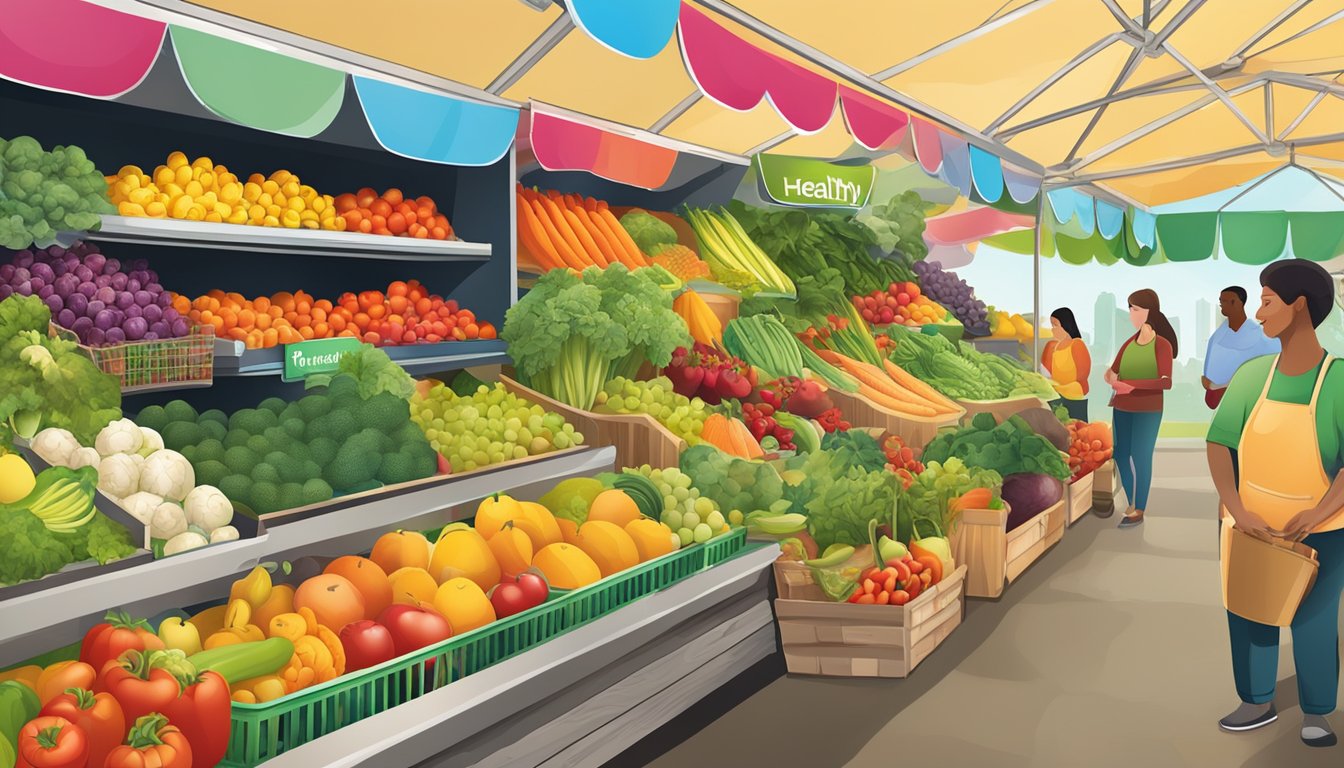 A colorful display of fresh fruits and vegetables arranged in a vibrant market setting, with a prominent sign for the "Healthy Benefits+ Program."