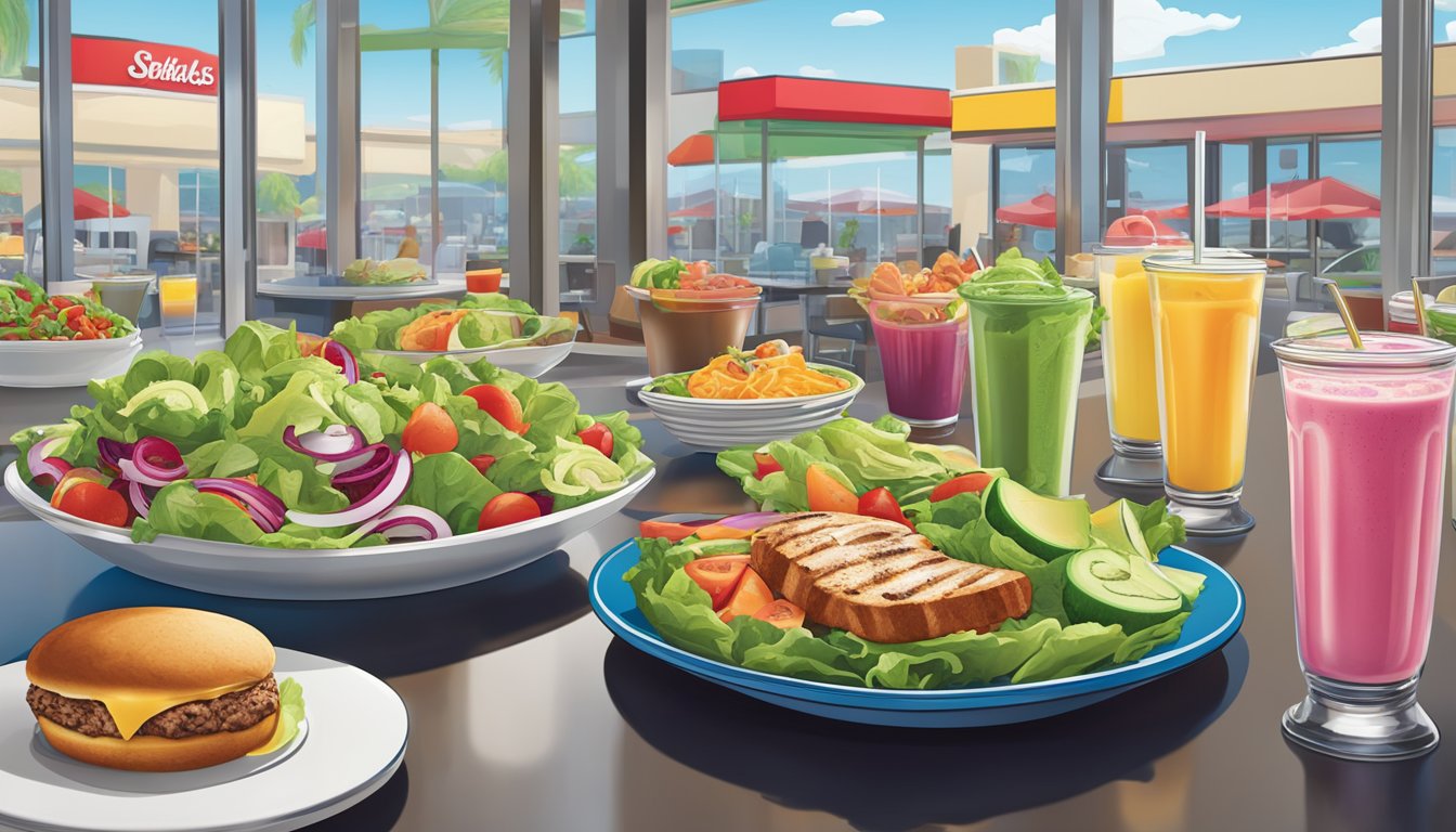 A colorful array of fresh salads, smoothies, and fruit parfaits displayed alongside juicy grilled chicken and lean turkey burgers at a vibrant Steak and Shake restaurant