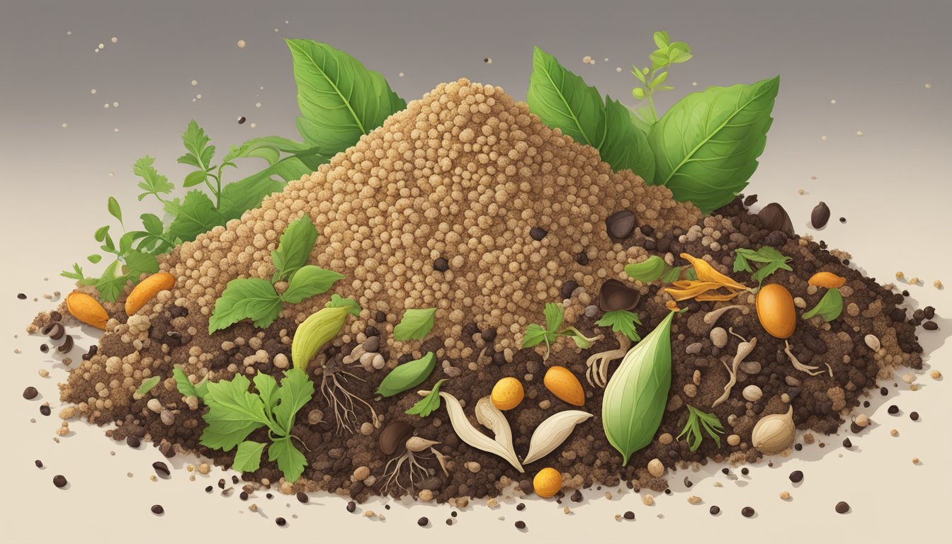 A pile of compostable materials, including quinoa, surrounded by a mix of green and brown organic matter, with worms and microorganisms visible