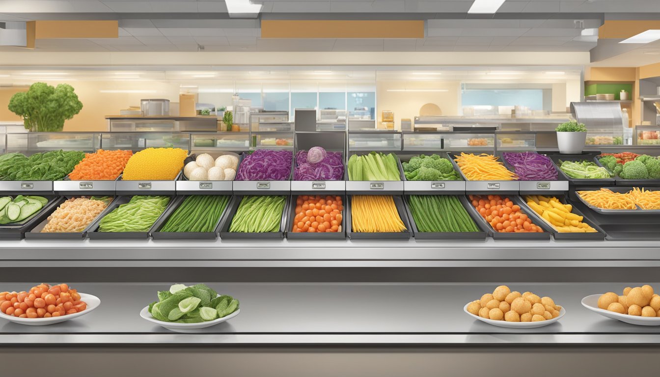 A colorful array of fresh vegetables and lean protein options displayed on a clean, modern counter at Taco Bueno